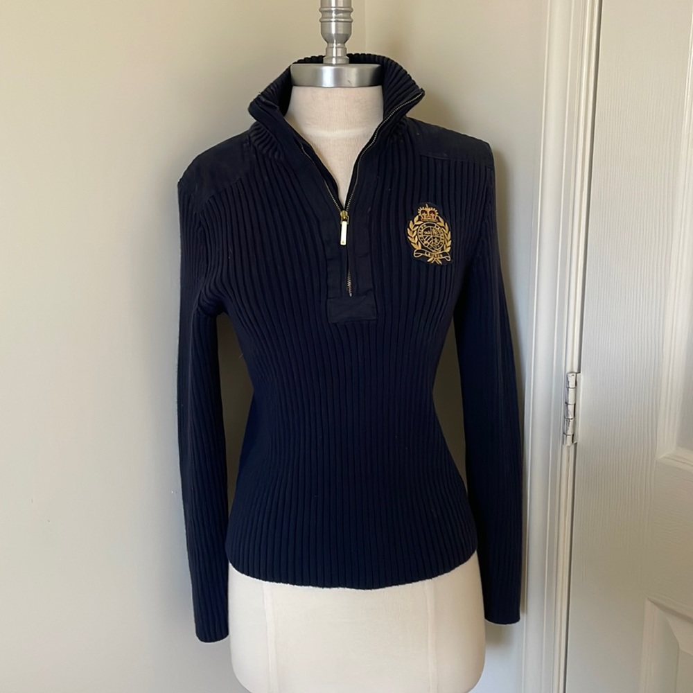 Ralph Lauren Crest Zip Up Sweater Navy Blue Size M